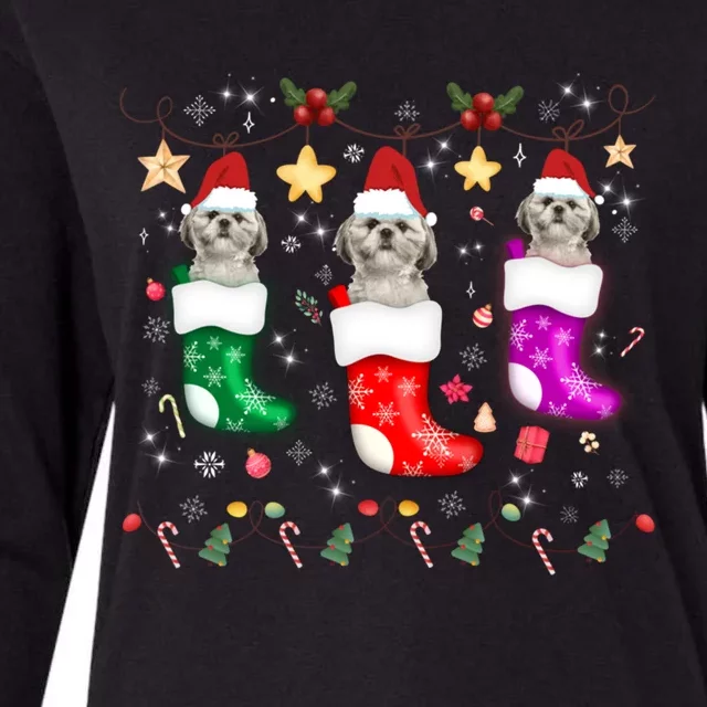 Shih Tzu Christmas Lights Gift Funny Xmas Dog Lover Mom Gift Womens Cotton Relaxed Long Sleeve T-Shirt