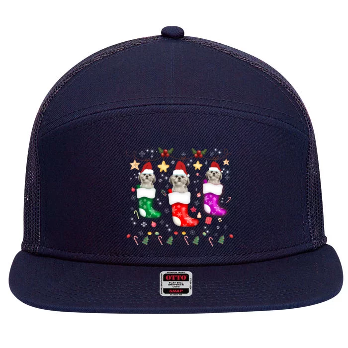 Shih Tzu Christmas Lights Gift Funny Xmas Dog Lover Mom Gift 7 Panel Mesh Trucker Snapback Hat