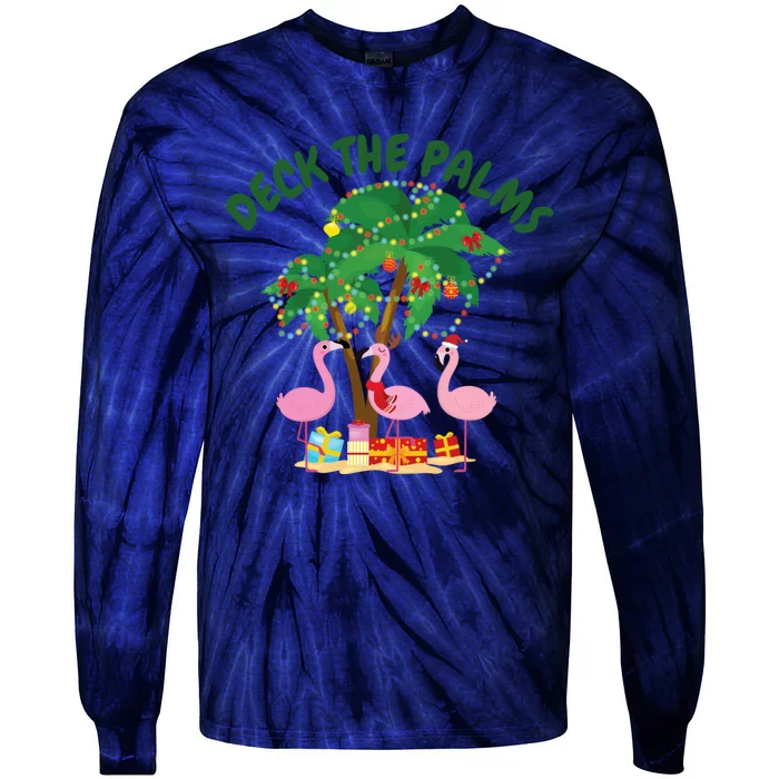 Santa Tropical Christmas Florida Flamingo Deck The Palms Christmas In July Tie-Dye Long Sleeve Shirt