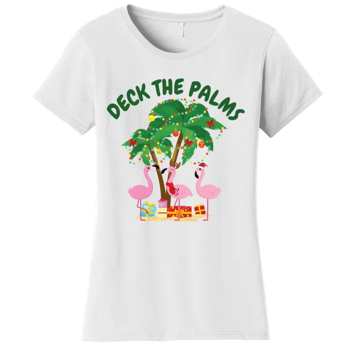 Santa Tropical Christmas Florida Flamingo Deck The Palms Christmas In July Women's T-Shirt