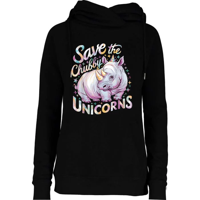 Save The Chubby Unicorns Funny Rhino Rhinoceros Womens Funnel Neck Pullover Hood