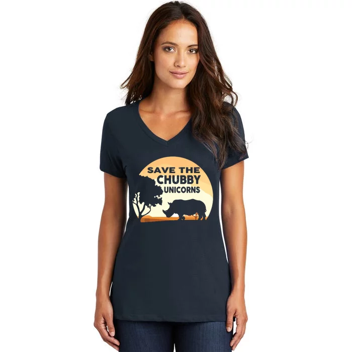 Save The Chubby Unicorns Fat Rhino Funny Women's V-Neck T-Shirt