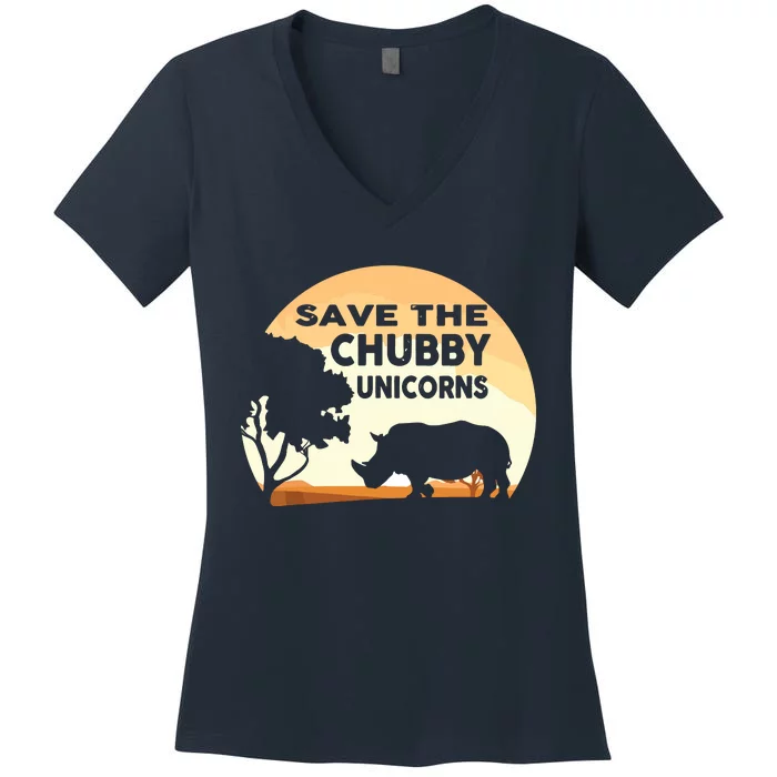 Save The Chubby Unicorns Fat Rhino Funny Women's V-Neck T-Shirt