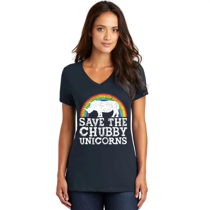 SAVE THE CHUBBY UNICORNS Gift Rhino Conservation Rainbow Women's V-Neck T-Shirt