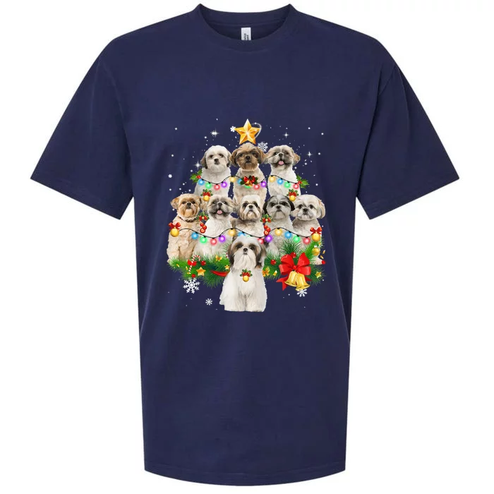 Shih Tzu Christmas Tree Lights Funny Xmas Pajamas Family Funny Gift Sueded Cloud Jersey T-Shirt