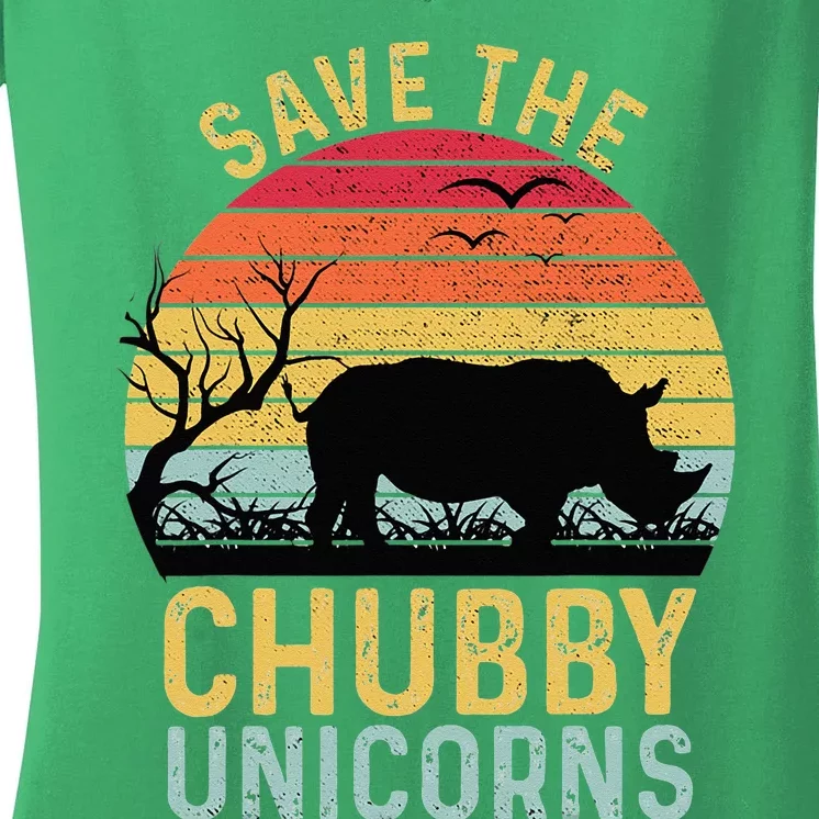 Save The Chubby Unicorns Vintage Funny Rhino Animal Rights Women's V-Neck T-Shirt