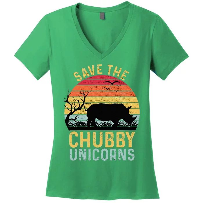 Save The Chubby Unicorns Vintage Funny Rhino Animal Rights Women's V-Neck T-Shirt