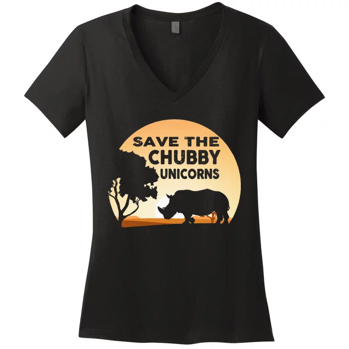 Save The Chubby Unicorns Fat Rhino Funny Women's V-Neck T-Shirt