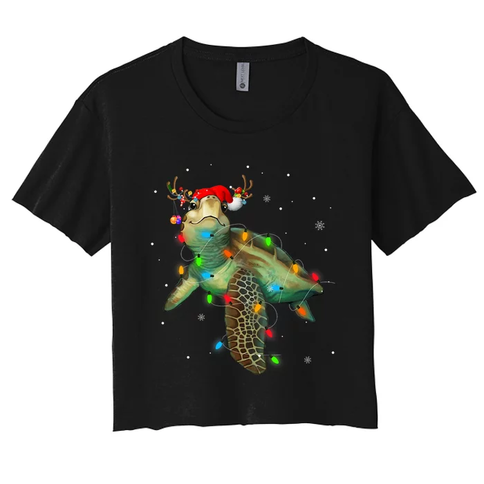 Sea Turtle Christmas Lights Funny Santa Hat Merry Christmas Women's Crop Top Tee