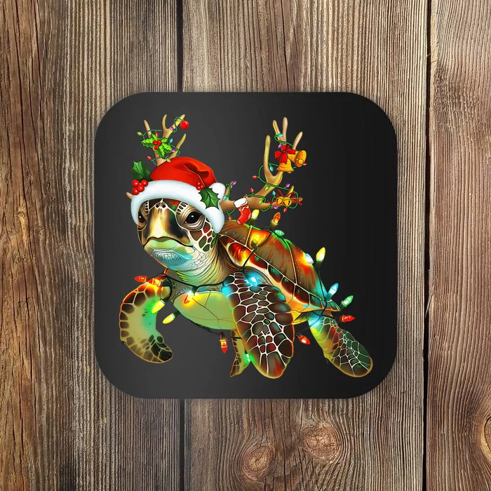 Sea Turtle Christmas Lights Santa Hat Merry Christmas 2024 Coaster