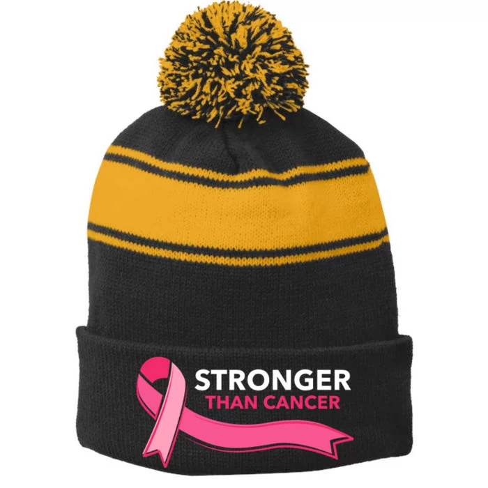 Stronger Than Cancer Pink Ribbon Stripe Pom Pom Beanie