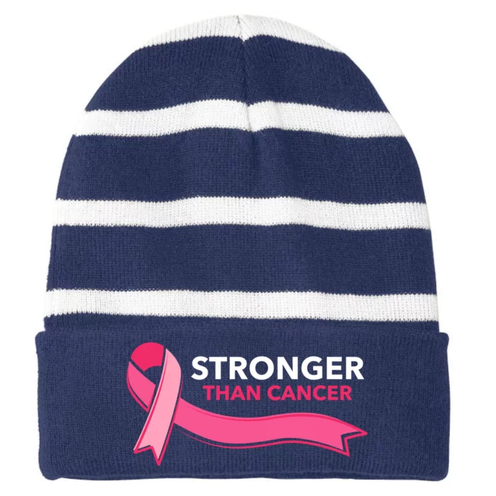 Stronger Than Cancer Pink Ribbon Striped Beanie with Solid Band