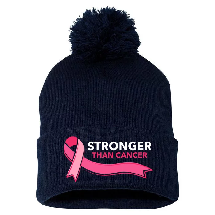 Stronger Than Cancer Pink Ribbon Pom Pom 12in Knit Beanie