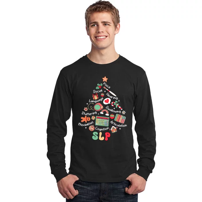 Speech Therapy Christmas Tree Merry Xmas Slp Therapist Funny Tall Long Sleeve T-Shirt