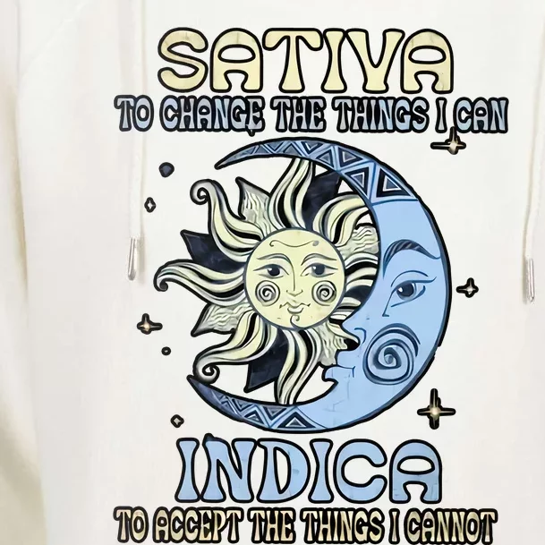 Sativa To Change The Things I Can Indica Cannabis Weed Sun Moon 420 Day Womens Funnel Neck Pullover Hood