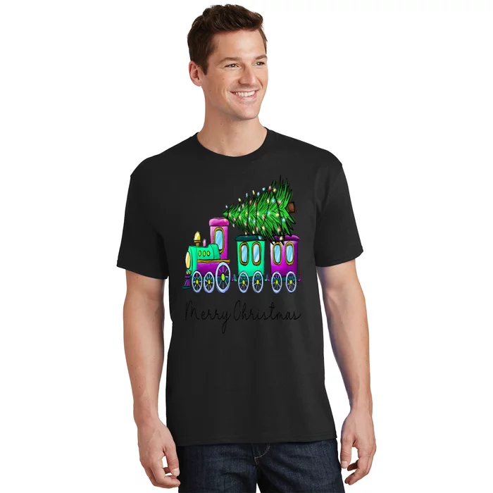 Steam Train Christmas Light Tree Railroad Pajama Xmas T-Shirt