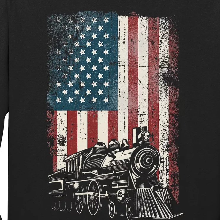 Steam Train Driver Trainspotting Locomotive American Flag Long Sleeve Shirt