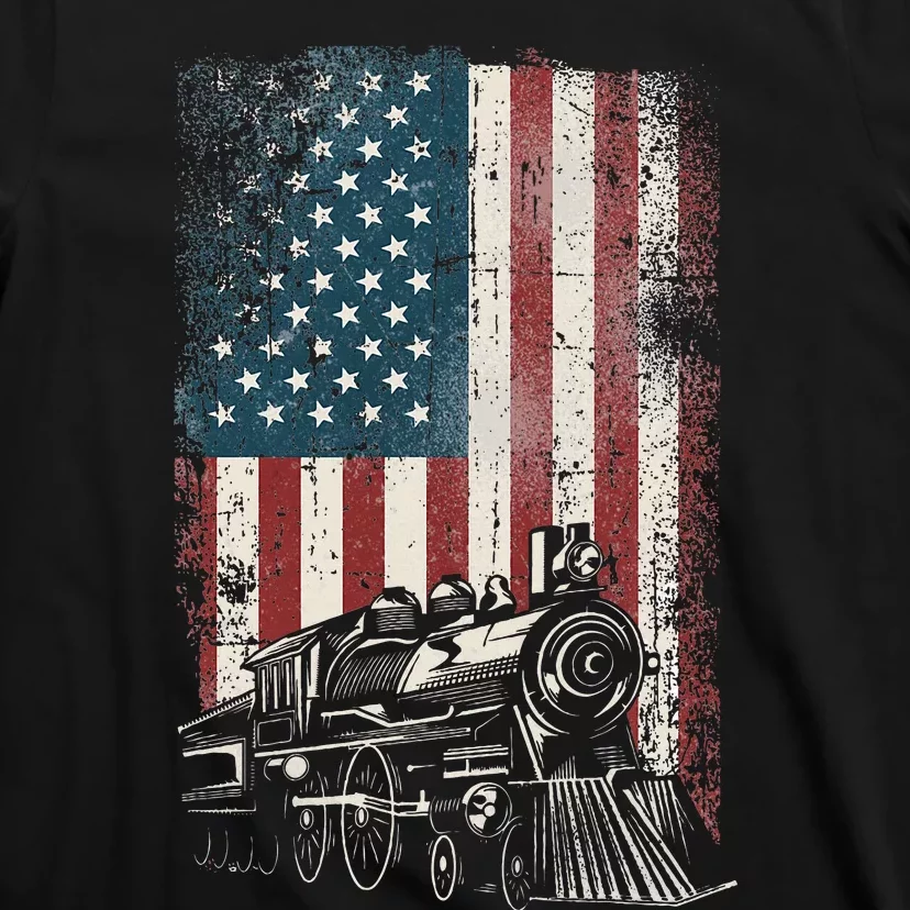 Steam Train Driver Trainspotting Locomotive American Flag T-Shirt