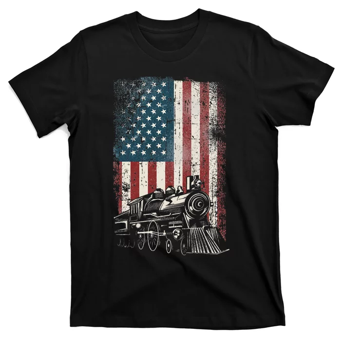 Steam Train Driver Trainspotting Locomotive American Flag T-Shirt