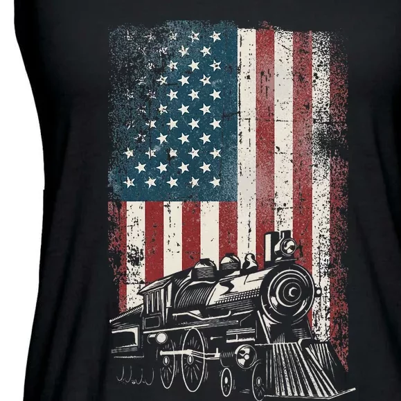 Steam Train Driver Trainspotting Locomotive American Flag Ladies Essential Flowy Tank