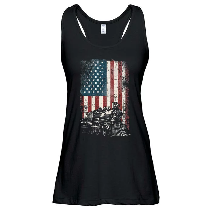 Steam Train Driver Trainspotting Locomotive American Flag Ladies Essential Flowy Tank