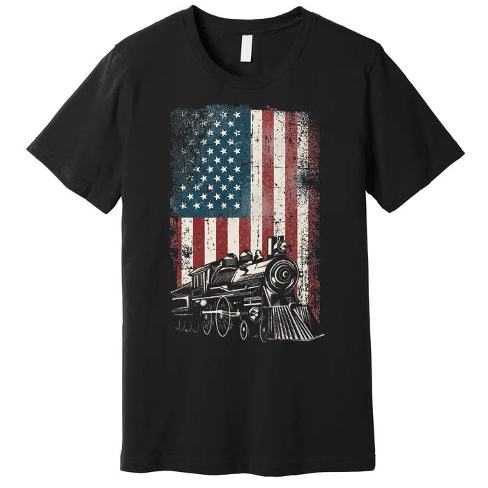 Steam Train Driver Trainspotting Locomotive American Flag Premium T-Shirt