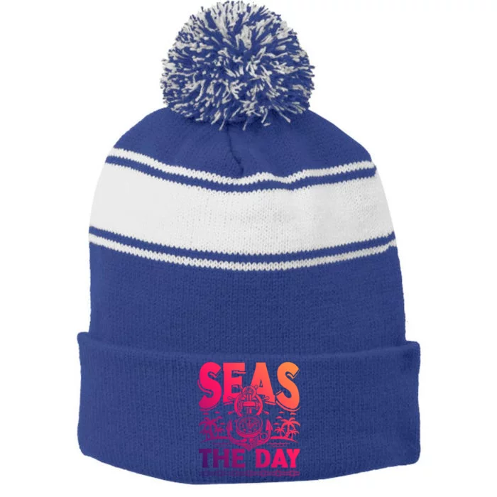 Seas The Day Sea Sailor Maritime Gift Stripe Pom Pom Beanie