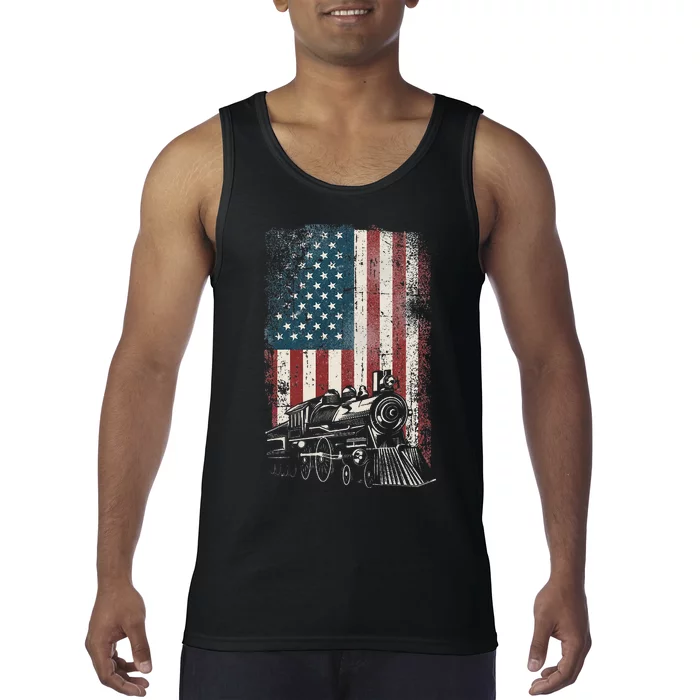 Steam Train Driver Trainspotting Locomotive American Flag Tank Top