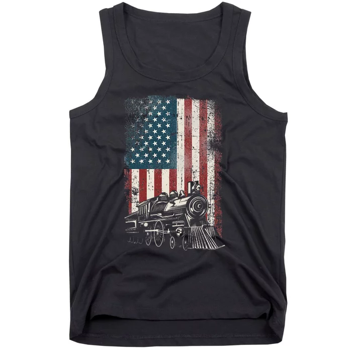 Steam Train Driver Trainspotting Locomotive American Flag Tank Top