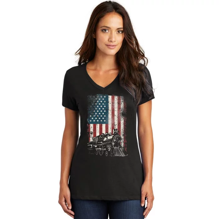 Steam Train Driver Trainspotting Locomotive American Flag Women's V-Neck T-Shirt