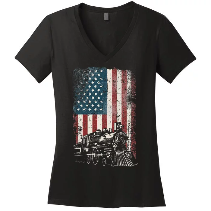 Steam Train Driver Trainspotting Locomotive American Flag Women's V-Neck T-Shirt