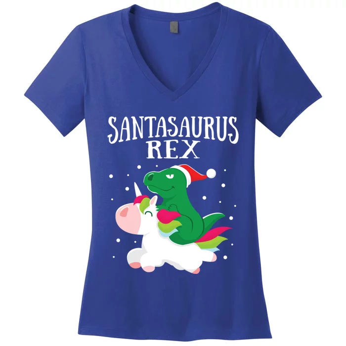 Santasaurus Trex Dinosaur Riding Reindeer Unicorn Christmas Funny Gift Women's V-Neck T-Shirt