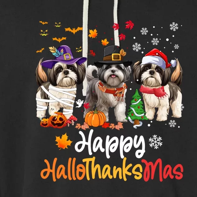 Shih Tzu Dog Halloween Christmas Happy Hallothanksmas Gift Garment-Dyed Fleece Hoodie