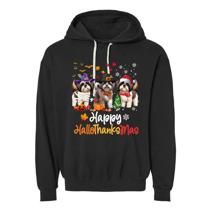 Shih Tzu Dog Halloween Christmas Happy Hallothanksmas Gift Garment-Dyed Fleece Hoodie