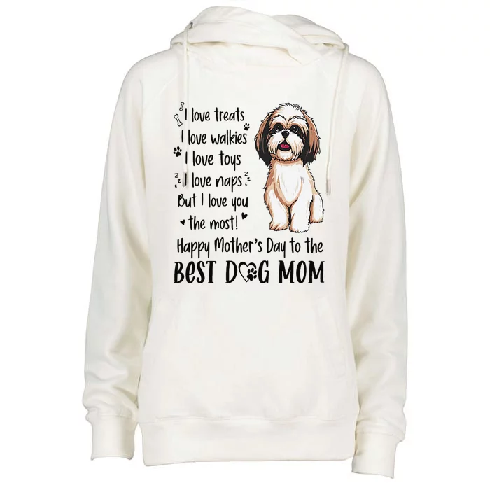 Shih Tzu Dog I Love Treats I Love Walkies I Love Toys Womens Funnel Neck Pullover Hood