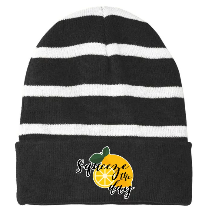 Squeeze The Day Lemon Motivational Striped Beanie with Solid Band