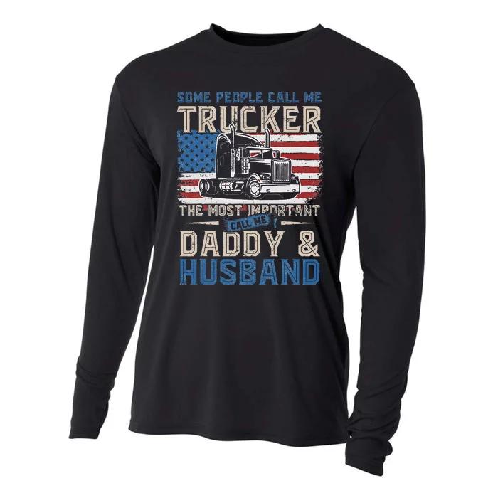 Semi Truck Driver Trucker Daddy Husband US American Flag Cooling Performance Long Sleeve Crew