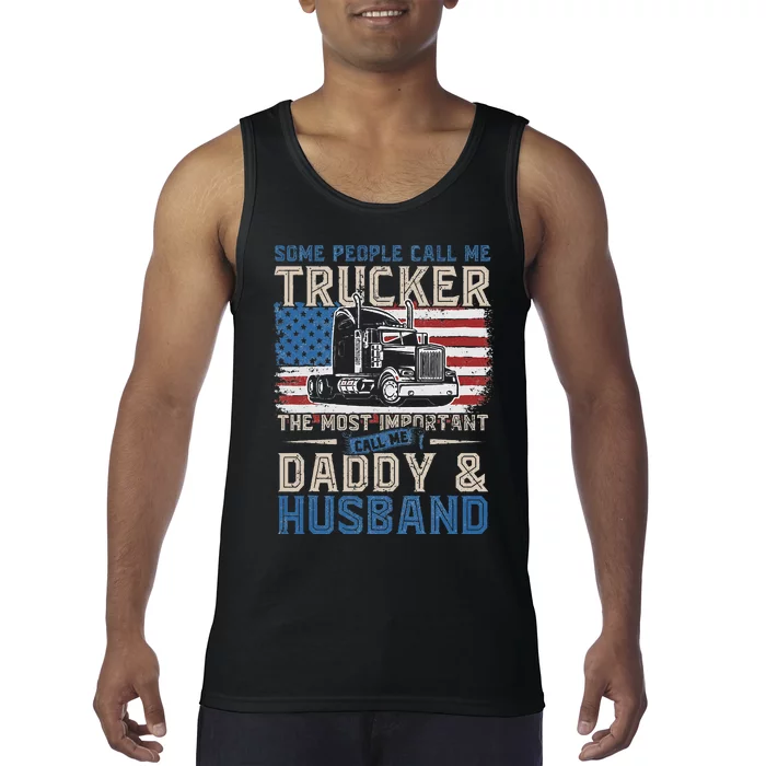 Semi Truck Driver Trucker Daddy Husband US American Flag Tank Top