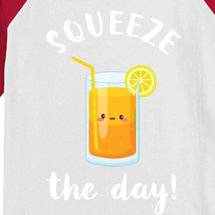 Squeeze The Day Funny Orange Juice Pun Inspirational Quote Gift Kids Colorblock Raglan Jersey