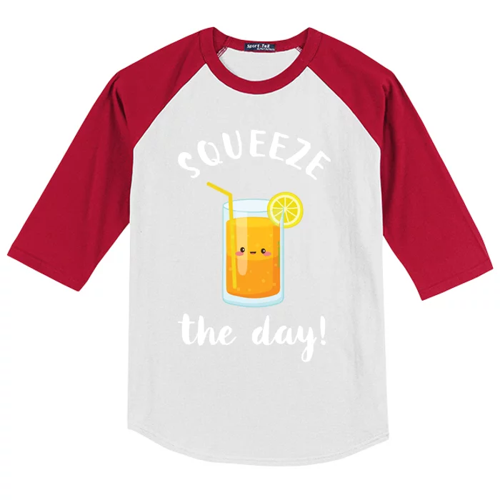 Squeeze The Day Funny Orange Juice Pun Inspirational Quote Gift Kids Colorblock Raglan Jersey