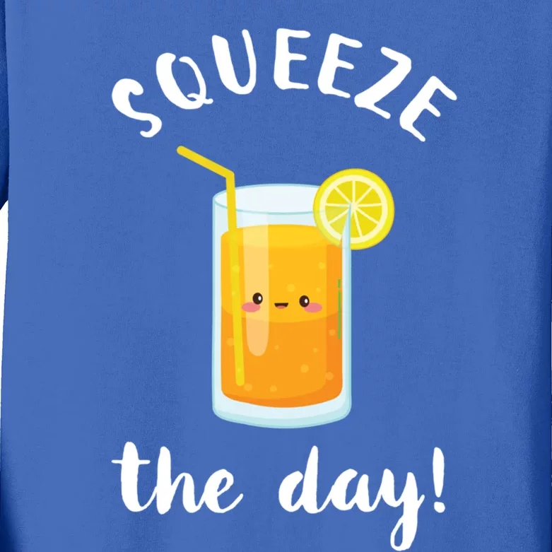 Squeeze The Day Funny Orange Juice Pun Inspirational Quote Cool Gift Kids Long Sleeve Shirt