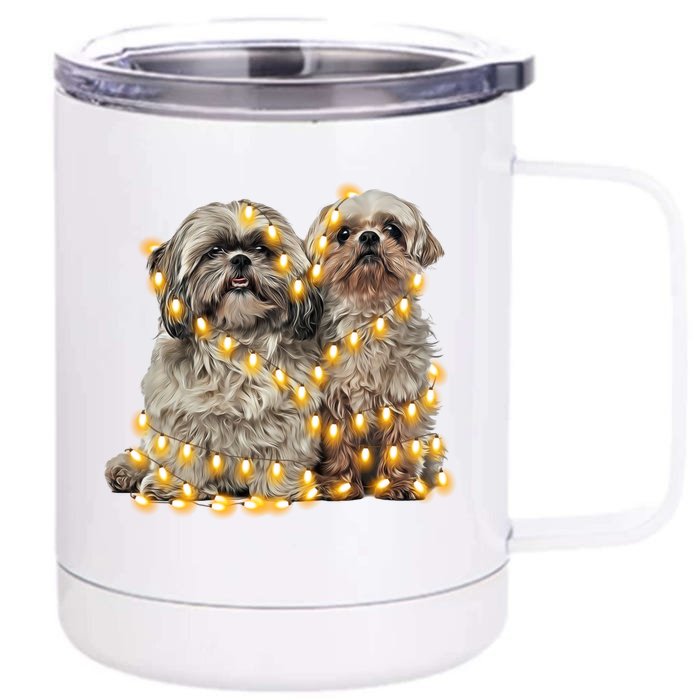 Shih Tzu Dog Lights Decoration Santa Hat Christmas Xmas Gift Front & Back 12oz Stainless Steel Tumbler Cup