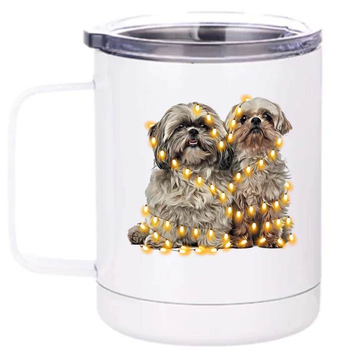 Shih Tzu Dog Lights Decoration Santa Hat Christmas Xmas Gift Front & Back 12oz Stainless Steel Tumbler Cup