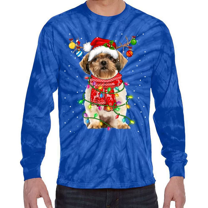 Shih Tzu Dog Lover Santa Hat Christmas Xmas Lights Gift Tie-Dye Long Sleeve Shirt