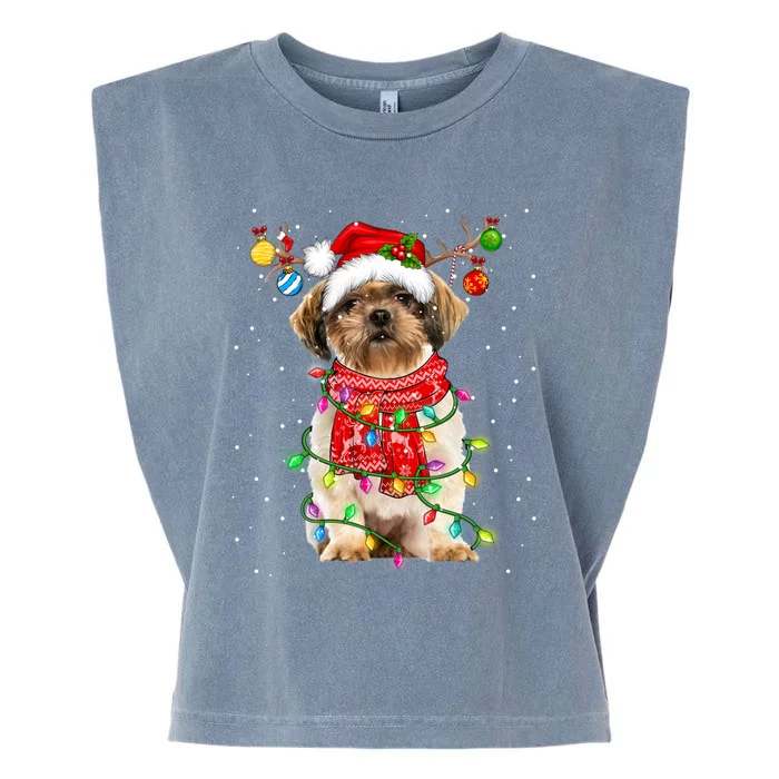 Shih Tzu Dog Lover Santa Hat Christmas Xmas Lights Gift Garment-Dyed Women's Muscle Tee