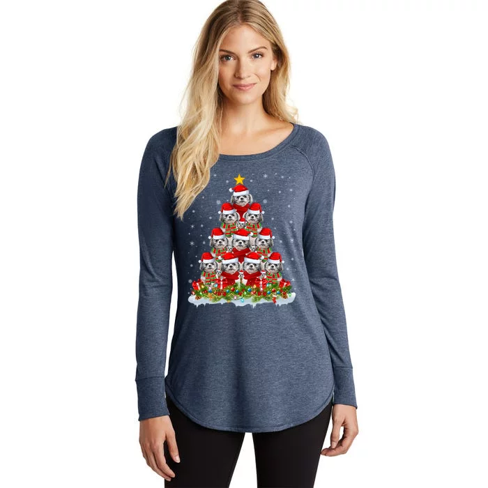 Shih Tzu Dog Lover Xmas Tree Santa Christmas Shih Tzu Gift Women's Perfect Tri Tunic Long Sleeve Shirt