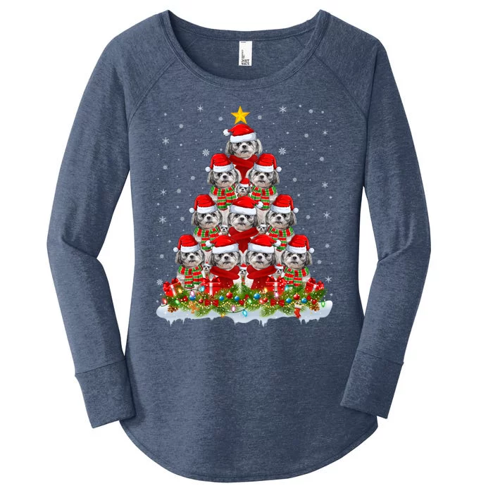 Shih Tzu Dog Lover Xmas Tree Santa Christmas Shih Tzu Gift Women's Perfect Tri Tunic Long Sleeve Shirt