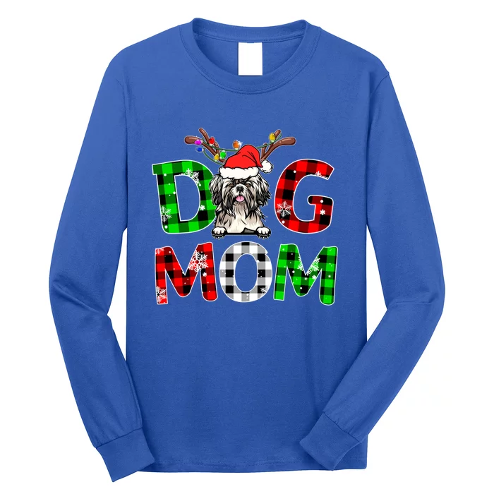 Shih Tzu Dog Mom Buffalo Plaid Xmas Pajama Reindeer Horn Gift Long Sleeve Shirt