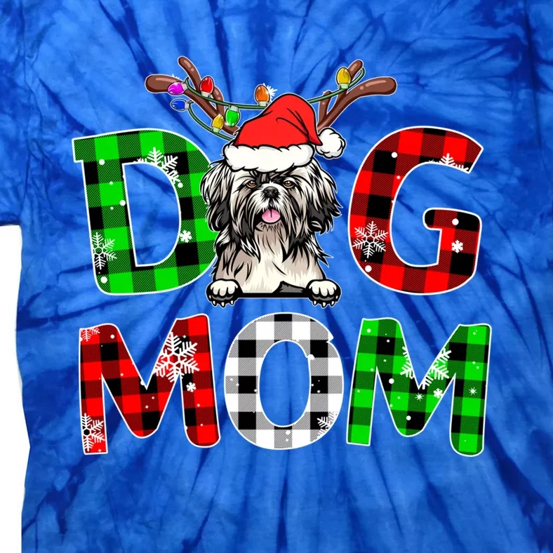 Shih Tzu Dog Mom Buffalo Plaid Xmas Pajama Reindeer Horn Gift Tie-Dye T-Shirt