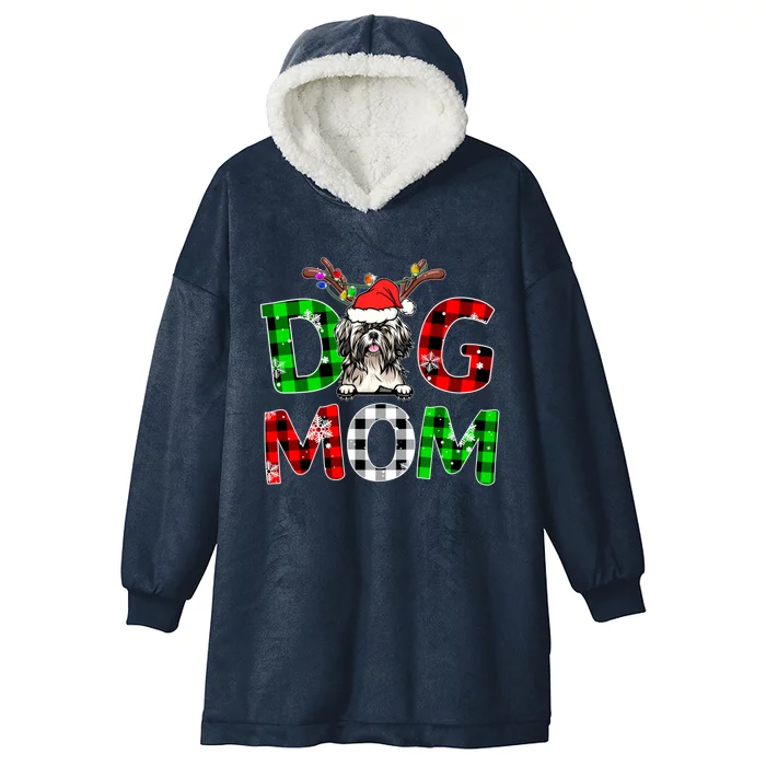 Shih Tzu Dog Mom Buffalo Plaid Xmas Pajama Reindeer Horn Gift Hooded Wearable Blanket